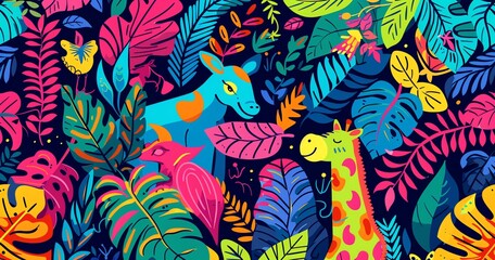 Colorful jungle animals giraffe and rhinoceros seamless pattern