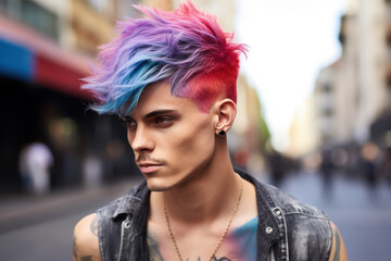 Wall Mural - Stylish young man with vibrant rainbow hair on city street