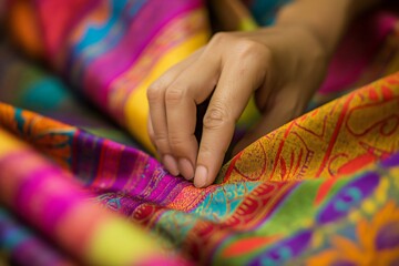 Wall Mural - Close up of a textile worker carefully examining the quality of a brightly colored fabric with traditional patterns