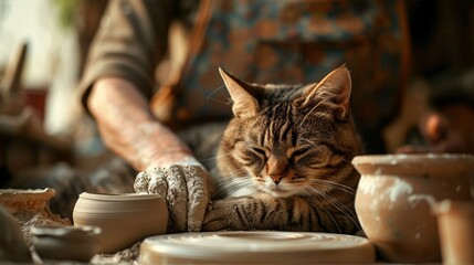 A focused artisan shaping clay at a pottery wheel, with a relaxed cat curled nearby, reflecting a serene and creative atmosphere in a charming studio.