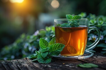 Wall Mural - Glass cup of tea on wooden table and blurred nature background