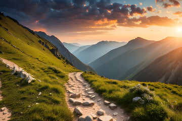 Wall Mural - A solitary path winds its way through a mountain valley, bathed in the warm glow of a summer sunset. The air is crisp and still, carrying the sweet scent of wildflowers. 