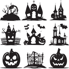 Wall Mural - Halloween icons silhouette logo black and white background