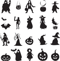 Wall Mural - Halloween icons silhouette logo black and white background