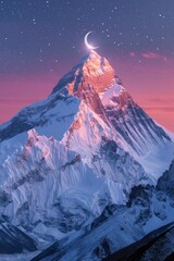 Wall Mural - AI generated illustration of a snow-covered mountain peak under a starry sky with a crescent moon