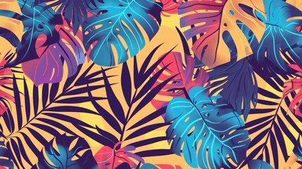 Wall Mural - creative and colorful tropical leaves seamless pattern with retro summer vibe