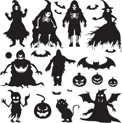 Wall Mural - Halloween icons silhouette logo black and white background