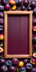 Poster - Fresh purple plum fruits on dark. Frame form with copy space, top view