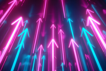 Vibrant neon arrows in pink and blue pointing upwards, symbolizing progress and growth. Ideal for futuristic and technology-themed visuals.