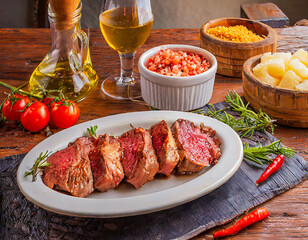 Poster - Juicy Brazilian Picanha Plate with Traditional Accompaniments on Rustic Table