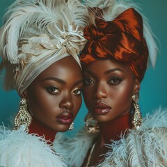 Luxury fashion portrait, two black models in designer outfits,