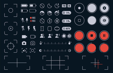 Mobile camera interface. Smartphone screen camera interface with photo and video mode, grid focus and zoom settings, touch focus and flash icons. Vector mobile camera flat illustration