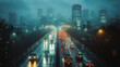 © filmanana - City night traffic on rainy urban highway with illuminated skyscrapers
