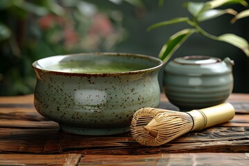 Wall Mural - Close-up of a bamboo matcha whisk and scoop on a wooden table, with a ceramic matcha bowl. Matcha tea accessories, matcha wooden whisk, matcha green tea preparation accessories, matcha powder bowl