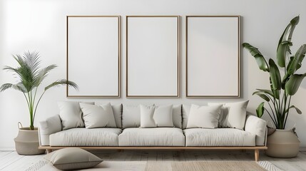 3 empty vertical frames mockup on the wall, minimalistic interior design of a modern living room with a sofa and decorative plants 