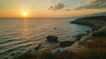 Wall Mural - a sunset over a body of water with a rocky shore and a cliff in the distance with a few clouds