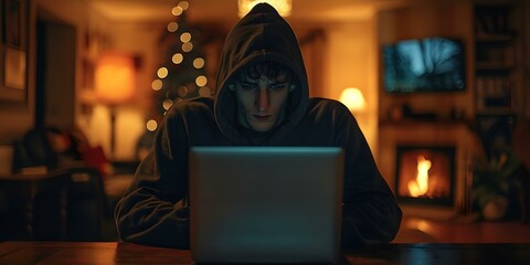 Wall Mural - Hacker in black hoodie working on laptop in dimly lit room. Concept Hacker, Black Hoodie, Laptop, Dimly Lit, Cybersecurity