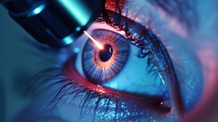 A close up of a person's eye with a laser being used to treat it