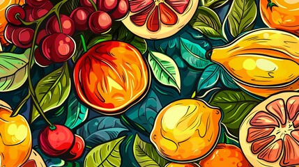 Wall Mural - a painting of a bunch of fruit on a table top with leaves