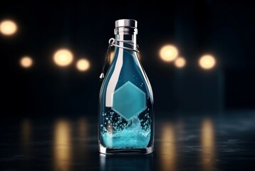 Mystical blue liquid in a glass bottle with a hexagonal label, staged with a dramatic backdrop