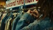 © Anna - Person browsing secondhand denim jackets on a clothing rack in a thrift store. Sustainable fashion, secondhand shopping, vintage clothing, ecofriendly lifestyle concept.