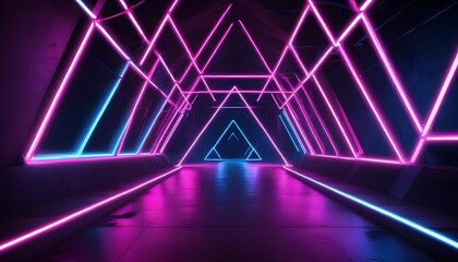 Pink and blue neon lights abstract background with triangles and street tunnel theme