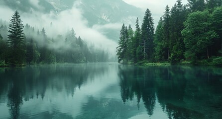 Wall Mural - a lake surrounded by trees and fog in the sky with mountains in the background