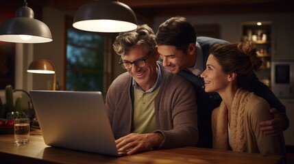 Wall Mural - Financial planner guiding couple via laptop in cozy home environment