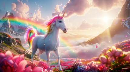 Wall Mural - Cartoonish unicorn in vivid colored flowering meadow