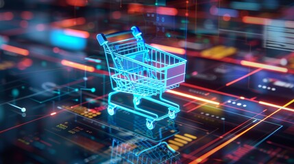Wall Mural - futuristic e-commerce concept, shopping cart on technology dynamic digital board.
