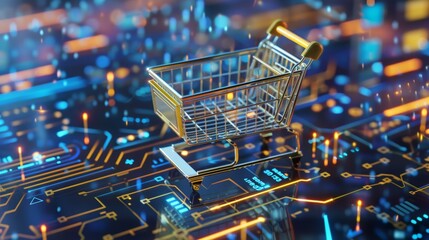 Wall Mural - futuristic e-commerce concept, shopping cart on technology dynamic digital board.