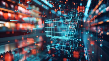Wall Mural - futuristic e-commerce concept, shopping cart on technology dynamic digital board.