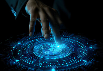 Update software concept. A person touching the program upgrades technology on a virtual screen. Operating system upgrade, Improved functionality in the new version design