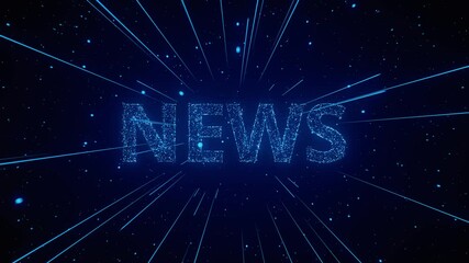 A futuristic animation of the word NEWS appearing on a dark background with bright blue lines radiating outward. Breaking news motion background. Opener. 3d animation loop of 4K