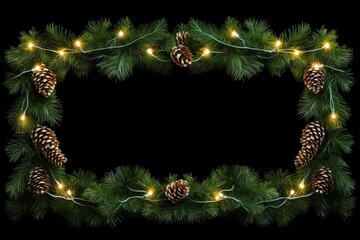 Poster - Christmas border with green coniferous branches and glowing light garlands