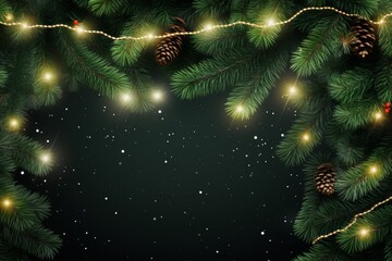 Poster - Christmas border with green coniferous branches and glowing light garlands