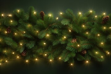 Poster - Christmas border with green coniferous branches and glowing light garlands