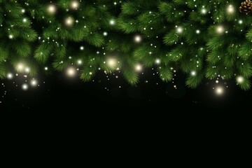 Poster - Christmas border with green coniferous branches and glowing light garlands