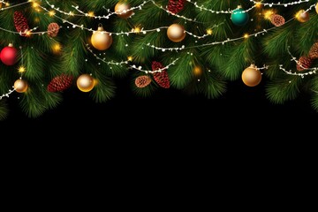 Poster - Christmas border featuring coniferous branches and colorful light garlands