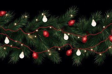 Poster - Seamless holiday garland with coniferous branches and Christmas lights