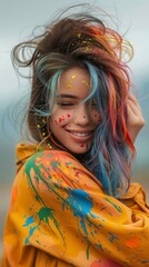 Wall Mural - woman hugging herself with her hair of many colors with a splash of colors at her back, depth of field