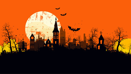 Wall Mural - Scary Halloween isolated background. City panorama in Halloween style. Orange and yellow background. Vector illustration, Halloween 2025, spooky cityscape vector, Halloween night background.