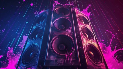 Wall Mural - Neon Speakers With Paint Splashes