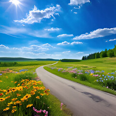 Wall Mural - road in the field with flowers