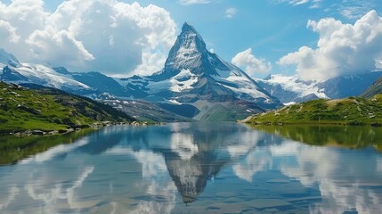 Wall Mural - a stunning landscape featuring a snow-capped mountain reflected in a serene lake under a bright blue