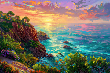 Wall Mural - A brightly colored drawing of a sunset in the ocean