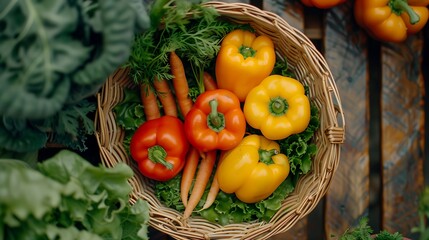 Wall Mural - Basket brimming with fresh vegetables, perfect for a healthy meal, including carrots, peppers, and greens, natural