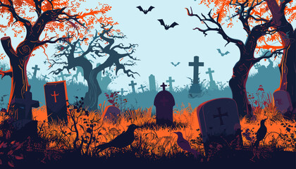 Wall Mural - Scary trees, bats, tombstones, and crow in an old cemetery Halloween background. Haunted graveyard scene, spooky atmosphere, eerie night landscape