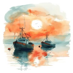 Two fishing boats at anchor on a calm sea at sunset, painted in watercolor.