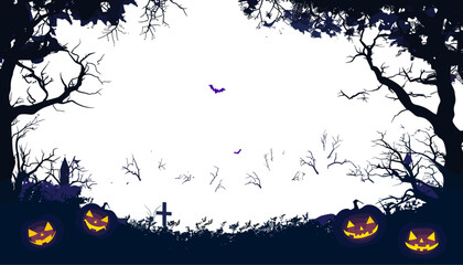 Wall Mural - Halloween banner spooky night background with dark ambiance, haunted house and jack-o'-lanterns, eerie atmosphere, ghostly mist, copy space for text